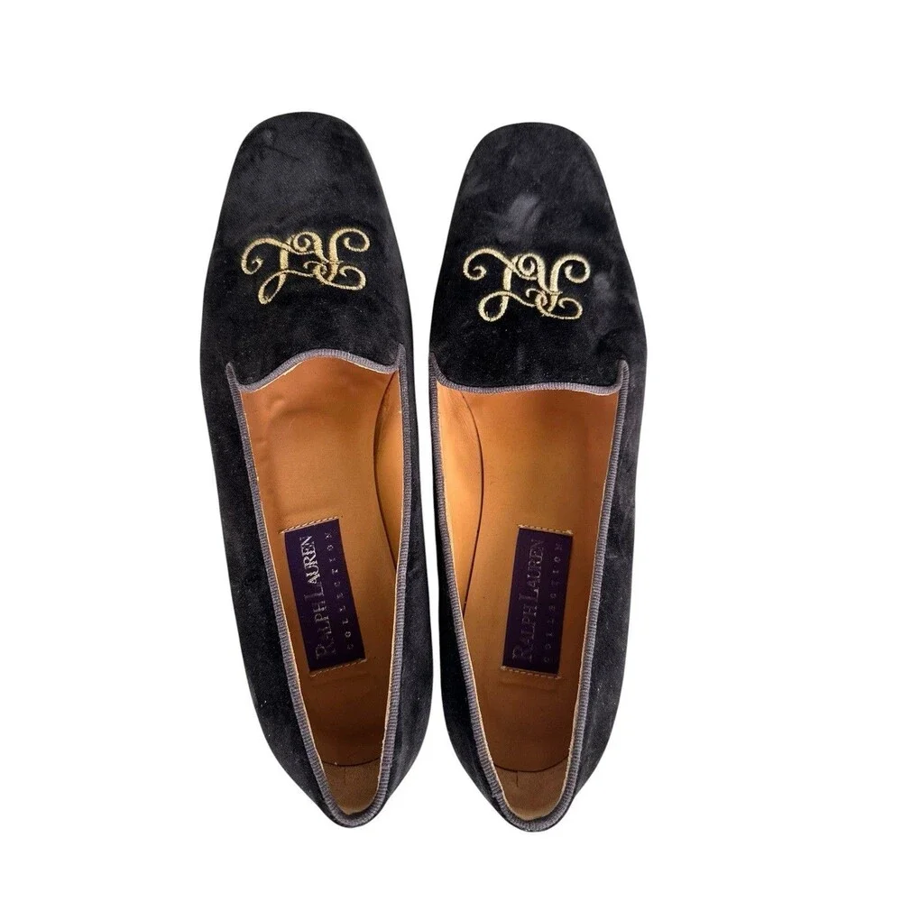 Ralph Lauren Collection Purple Label Velvet Soaking Loafers Embroidered 8 Italy